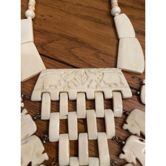 Vintage Bone Necklace 21" Statement Bib Elephant Design 5" Drop - Picture 3 of 7